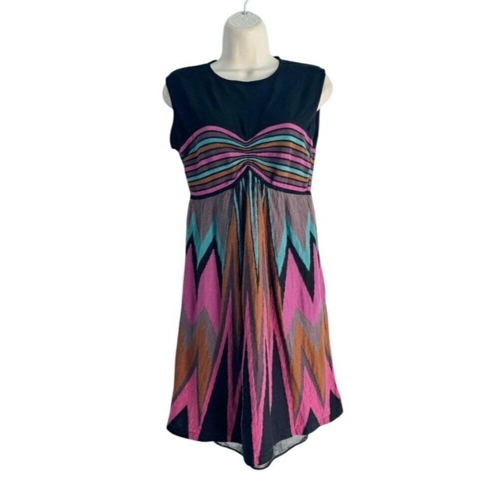 M Missoni Women's Sz 10 Black Pink Blue Zig Zag Chevron Knit A-line Dress IT 46